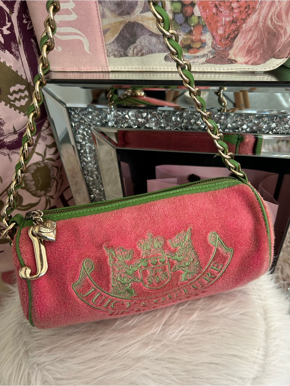 Y2K Vintage 2004 Watermelon Pink Green Terry Barrel Bag Scottie Dog Embroidery